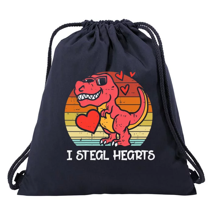 Valentines Trex Dino I Steal Hearts Retro Boy Drawstring Bag