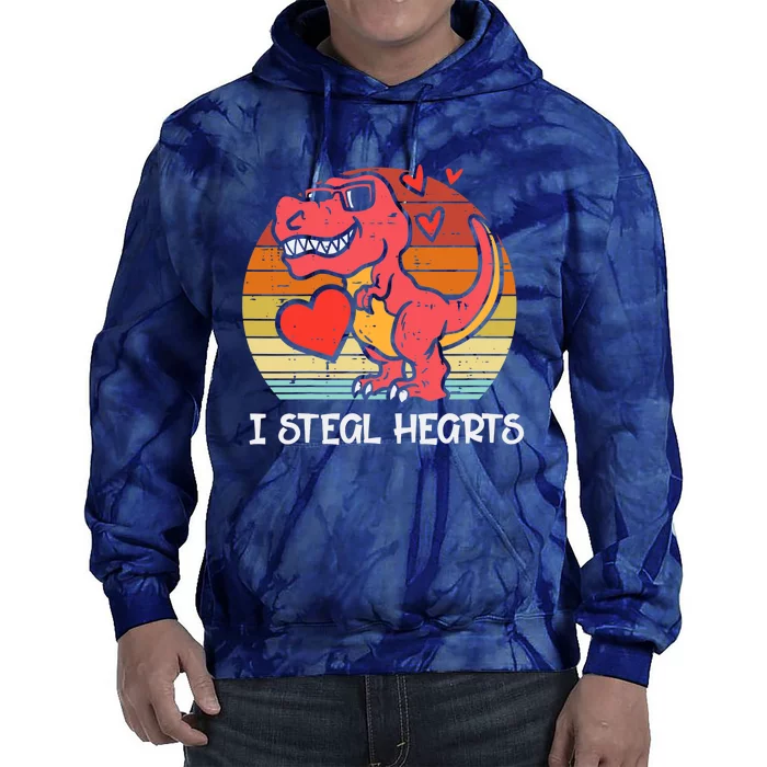 Valentines Trex Dino I Steal Hearts Retro Boy Tie Dye Hoodie