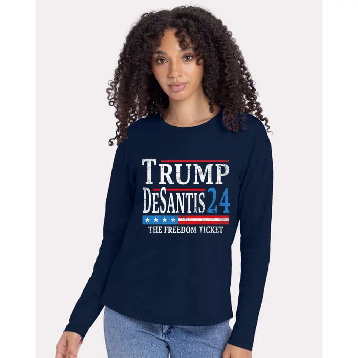 Vintage Trump Desantis 2024 The Freedom Ticket USA Flag Womens Cotton Relaxed Long Sleeve T-Shirt