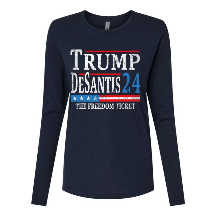 Vintage Trump Desantis 2024 The Freedom Ticket USA Flag Womens Cotton Relaxed Long Sleeve T-Shirt