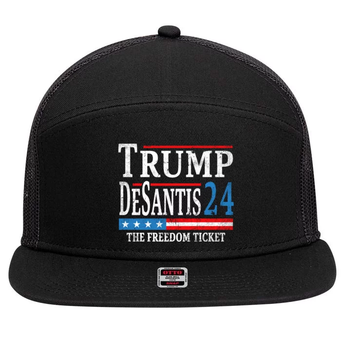 Vintage Trump Desantis 2024 The Freedom Ticket USA Flag 7 Panel Mesh Trucker Snapback Hat