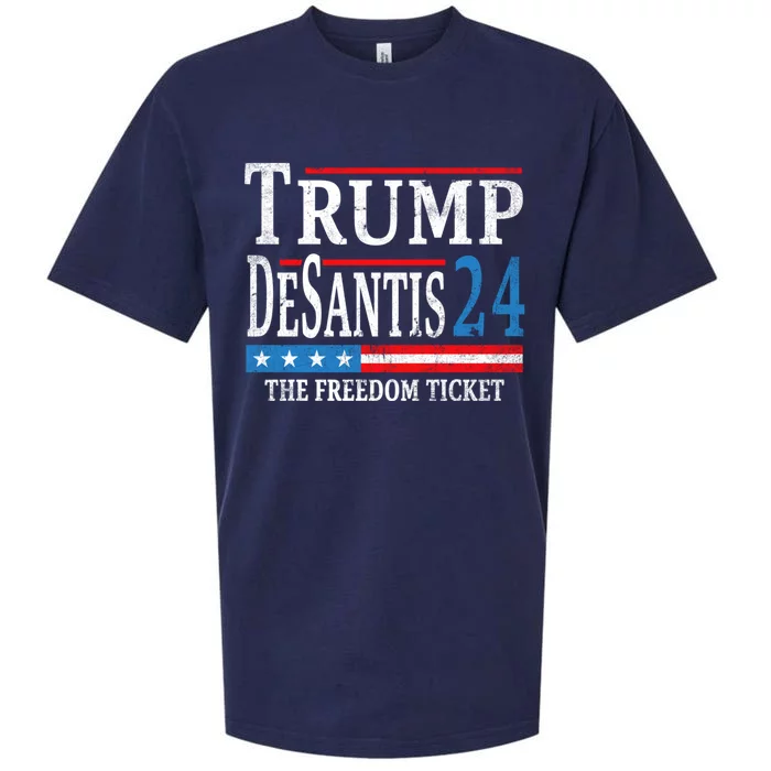 Vintage Trump Desantis 2024 The Freedom Ticket USA Flag Sueded Cloud Jersey T-Shirt