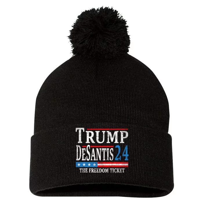 Vintage Trump Desantis 2024 The Freedom Ticket Usa Flag Pom Pom 12in Knit Beanie