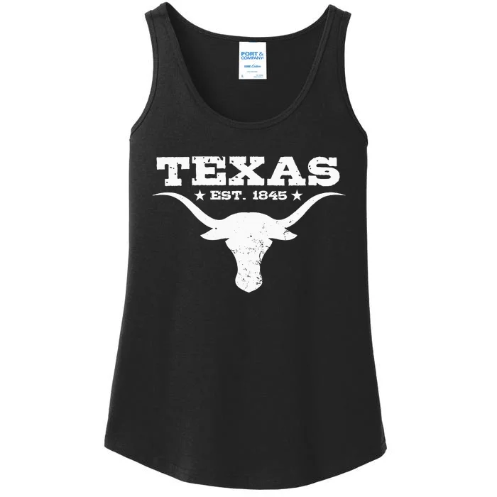 Vintage Texas Distressed Est. 1845 Longhorn Bull = Ladies Essential Tank