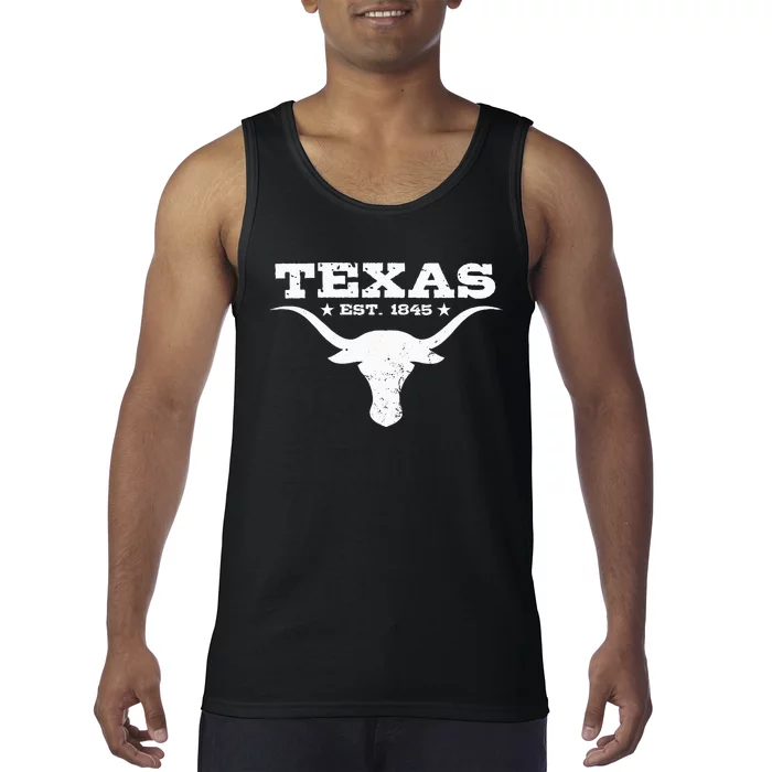 Vintage Texas Distressed Est. 1845 Longhorn Bull = Tank Top