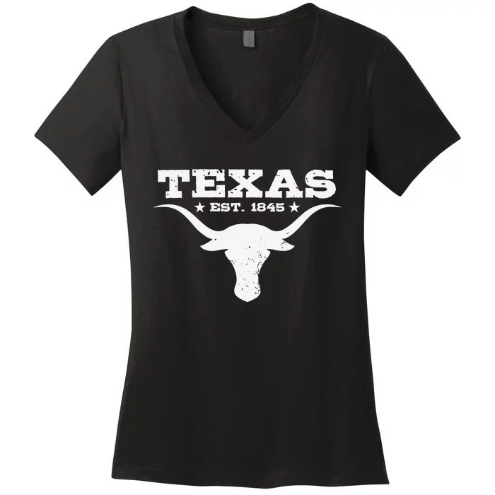 Vintage Texas Distressed Est. 1845 Longhorn Bull Women's V-Neck T-Shirt