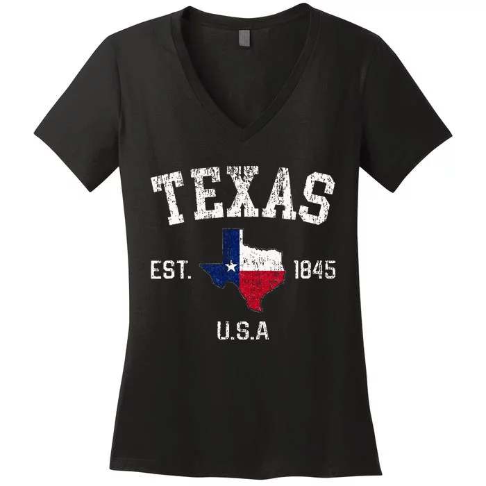 Vintage Texas Est 1845 Texas State Flag Map Texan Pride Women's V-Neck T-Shirt