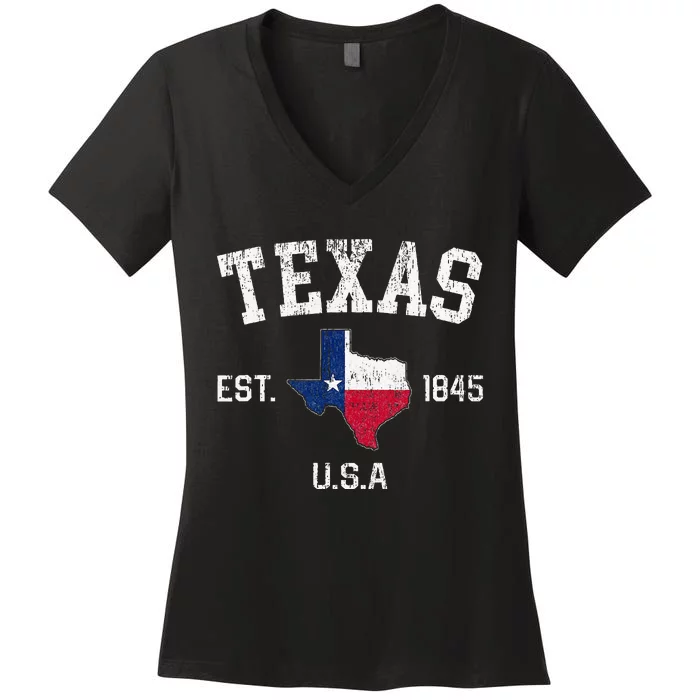 Vintage Texas Est 1845 Texas State Flag Map Texan Pride Women's V-Neck T-Shirt