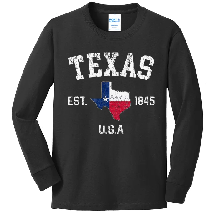 Vintage Texas Est 1845 Texas State Flag Map Texan Pride Kids Long Sleeve Shirt