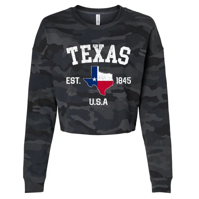 Vintage Texas Est 1845 Texas State Flag Map Texan Pride Cropped Pullover Crew