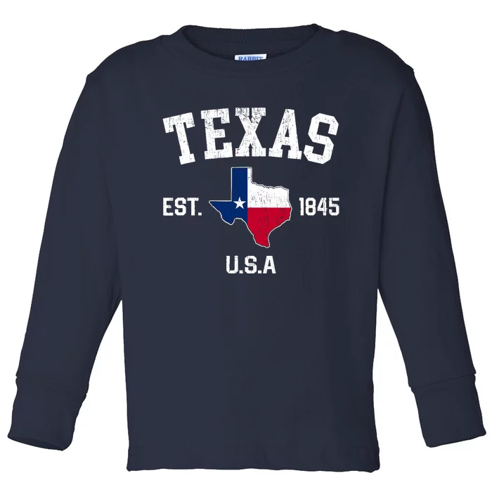 Vintage Texas Est 1845 Texas State Flag Map Texan Pride Toddler Long Sleeve Shirt