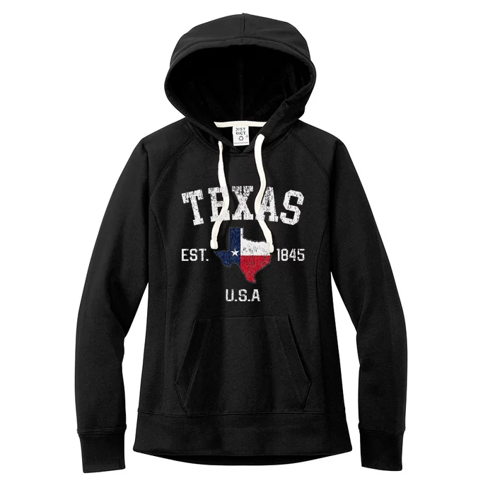 Vintage Texas Est 1845 Texas State Flag Map Texan Pride Women's Fleece Hoodie