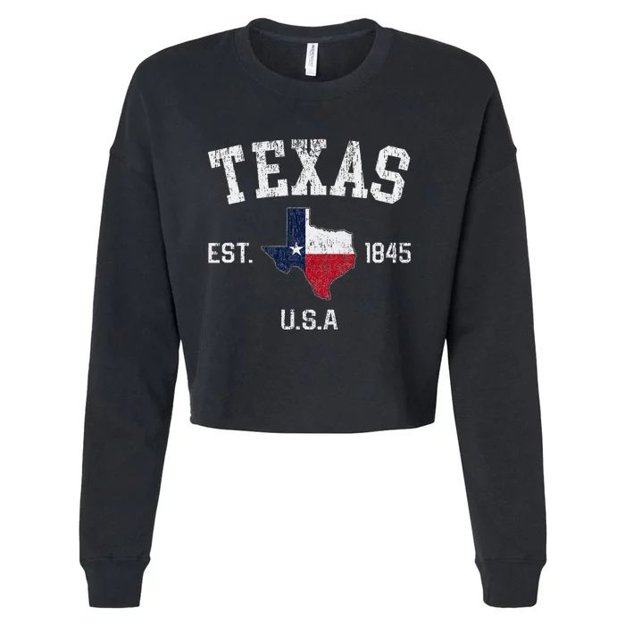 Vintage Texas Est 1845 Texas State Flag Map Texan Pride Cropped Pullover Crew