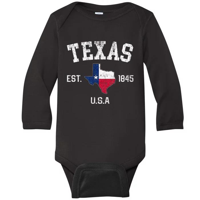 Vintage Texas Est 1845 Texas State Flag Map Texan Pride Baby Long Sleeve Bodysuit