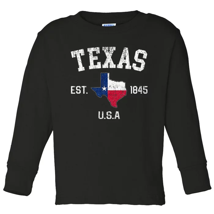 Vintage Texas Est 1845 Texas State Flag Map Texan Pride Toddler Long Sleeve Shirt