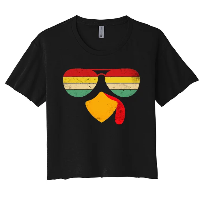 Vintage Turkey Face Thanksgiving Sunglasses Costume Women's Crop Top Tee