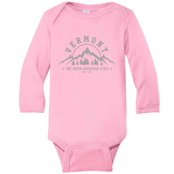 Vermont The Green Mountain State Est 1791 Vintage Gift Baby Long Sleeve Bodysuit