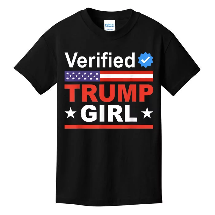 Verified Trump Girl 2024 Patriotic Us Flag Republican Funny Kids T-Shirt