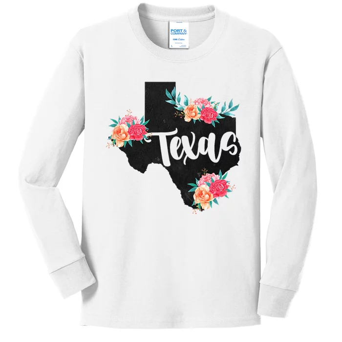 Vintage Texas Home State Map Pride Flowers Retro Rodeo Kids Long Sleeve Shirt