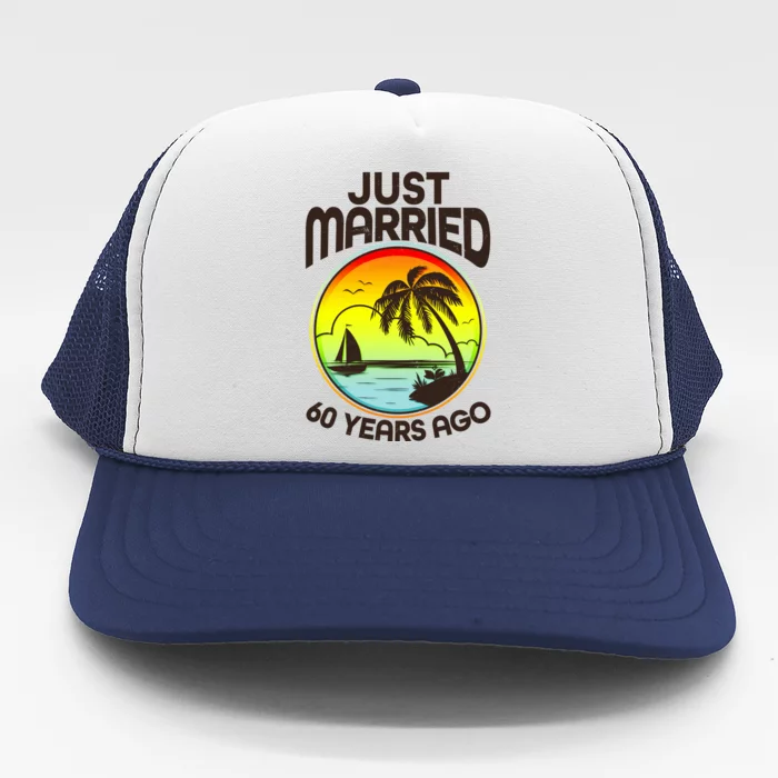 Vintage Tropical Just Married 60 Years Ago Anniversary Trucker Hat