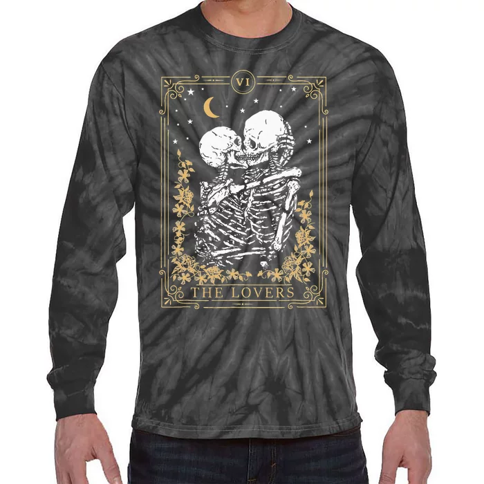 Vintage The Lovers Tarot Card Skeleton Halloween Loves Tarot Tie-Dye Long Sleeve Shirt