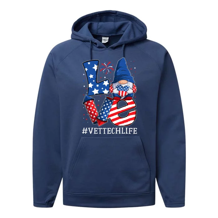 Vet Tech Love 4th Of July Gnome Usa Patriotic Gift Performance Fleece Hoodie