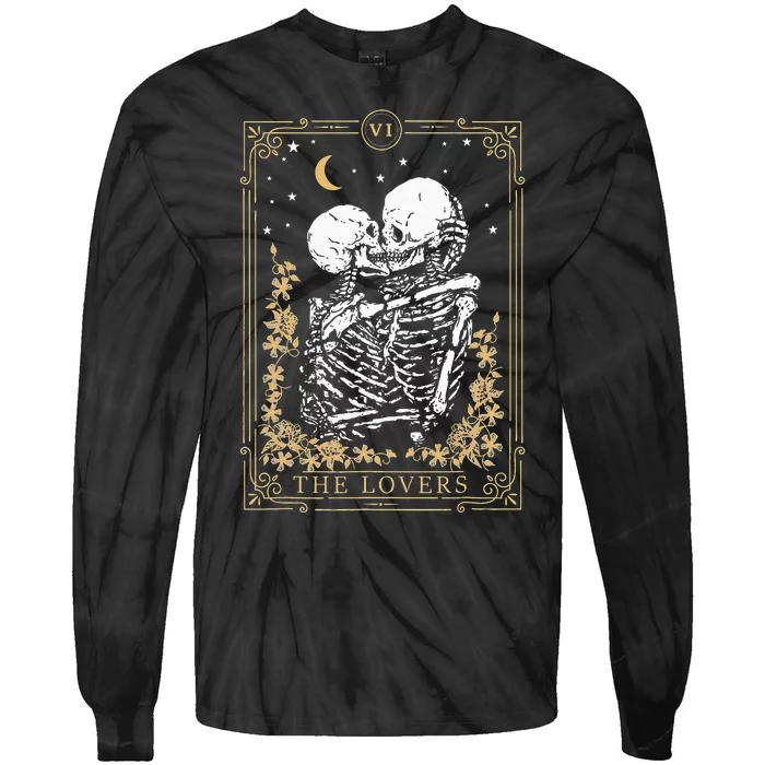 Vintage The Lovers Tarot Card Skeleton Halloween Loves Tarot Tie-Dye Long Sleeve Shirt