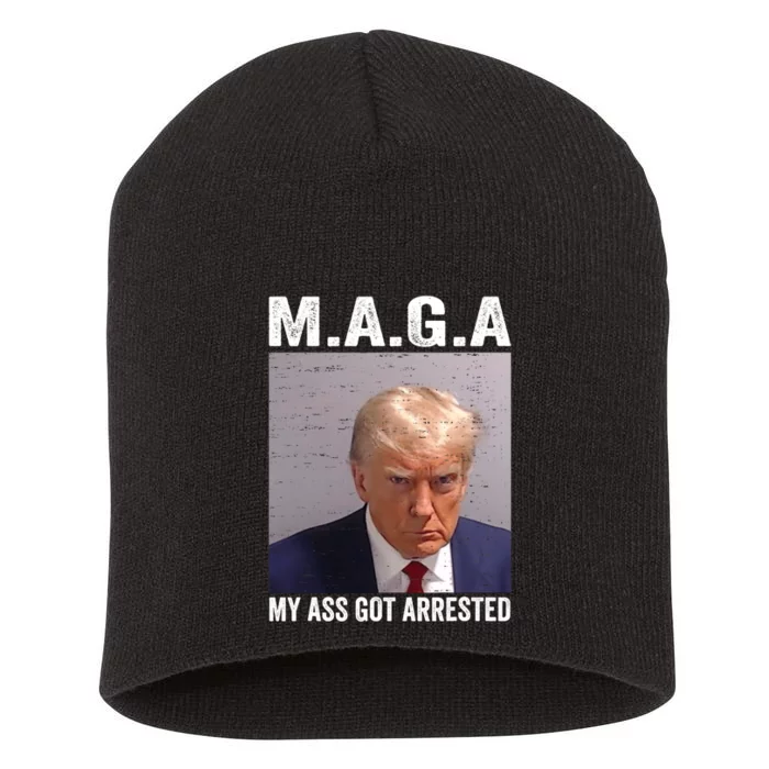 Vintage Trump Mug Shot My Ass Got Arrested Short Acrylic Beanie