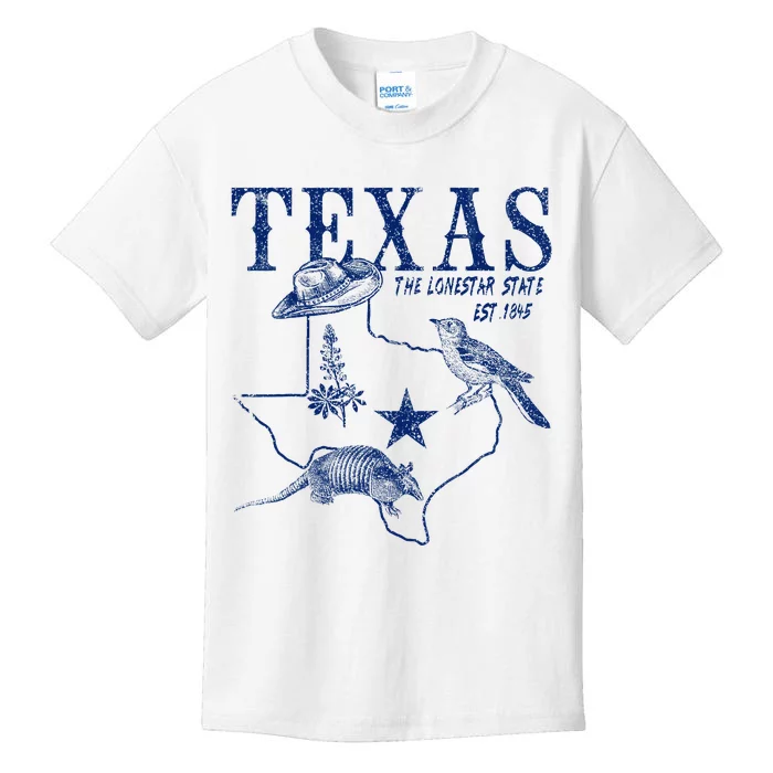 Vintage Texas Mockingbird Lone Star Bluebonnet Armadillo Hat Kids T-Shirt