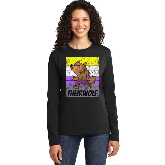 Vintage Theirwolf Nonbinary Pride Non Binary LGBTQ Ladies Long Sleeve Shirt