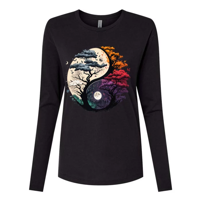 vintage Tree of Life Yin Yang Womens Cotton Relaxed Long Sleeve T-Shirt