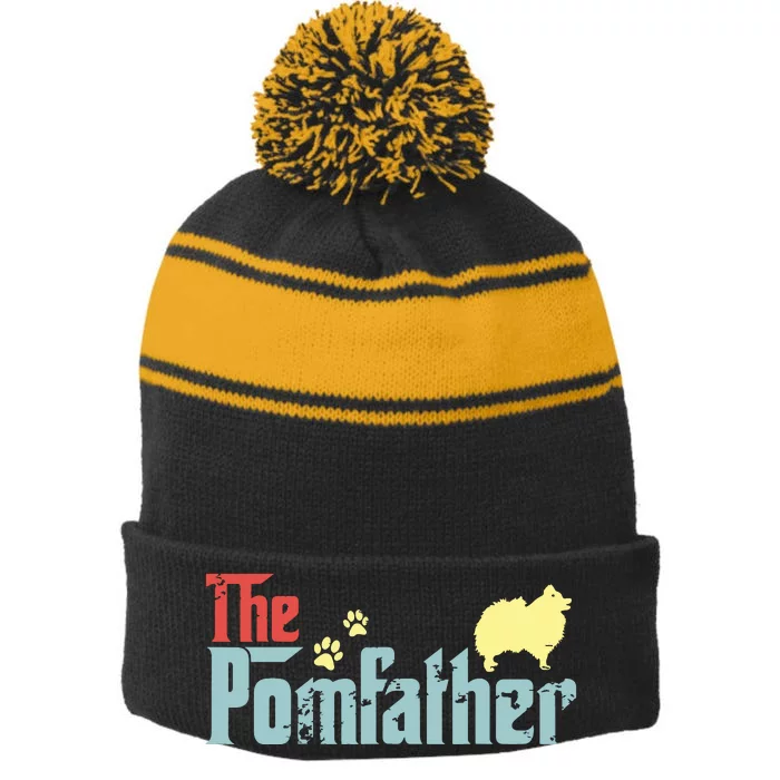 Vintage The Pomfather Happy Fathers Day Pomeranian Lover Stripe Pom Pom Beanie