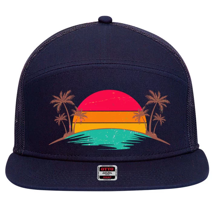 Vintage Tropical Palm Trees Sunset Sunrise 7 Panel Mesh Trucker Snapback Hat