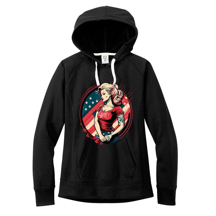 Vintage Tattoo Pinup Flag Rebellious Playful American Women's Fleece Hoodie