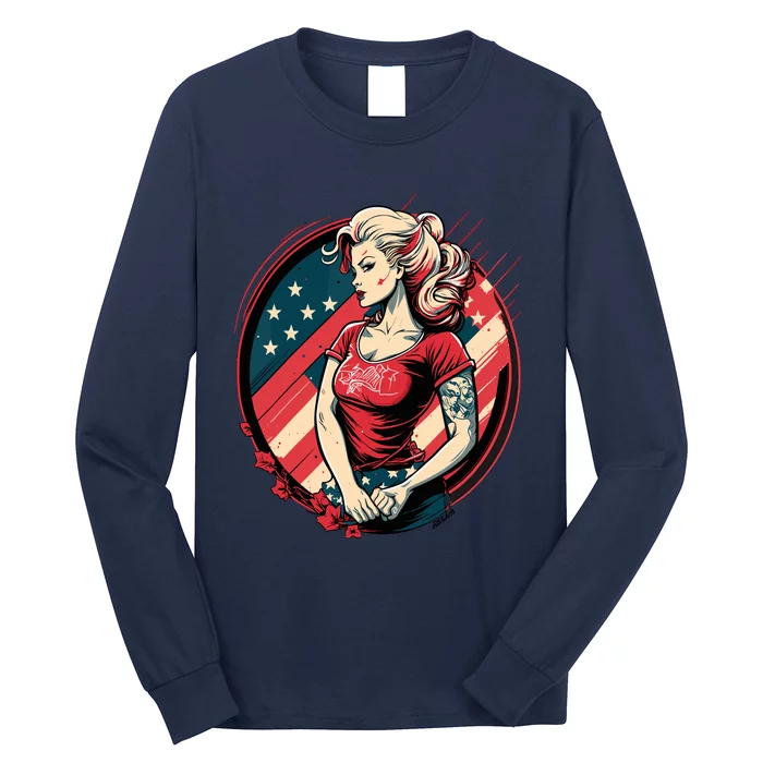 Vintage Tattoo Pinup Flag Rebellious Playful American Long Sleeve Shirt