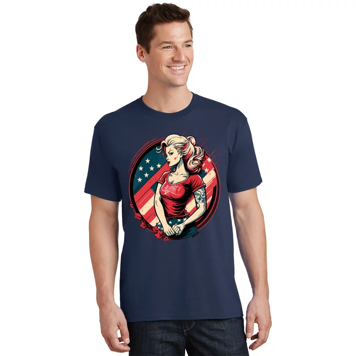 Vintage Tattoo Pinup Flag Rebellious Playful American T-Shirt