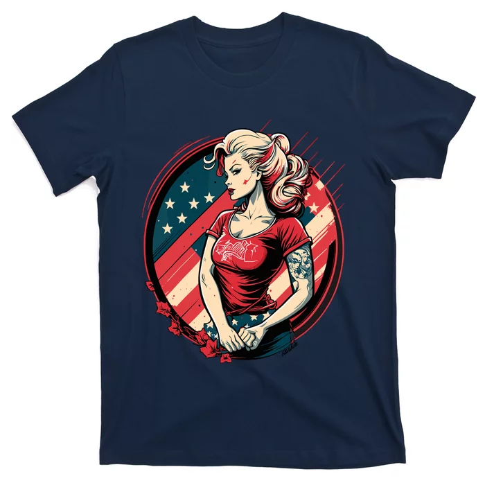 Vintage Tattoo Pinup Flag Rebellious Playful American T-Shirt