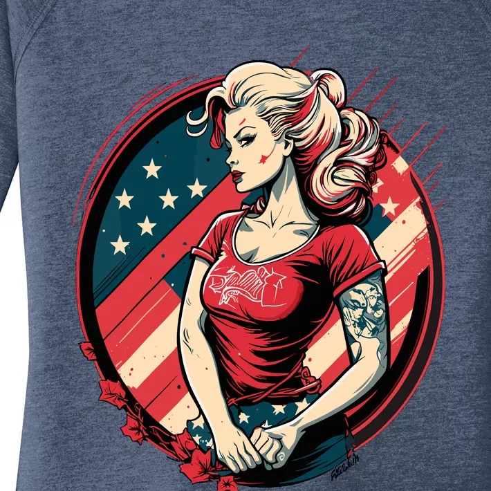 Vintage Tattoo Pinup Flag Rebellious Playful American Women's Perfect Tri Tunic Long Sleeve Shirt