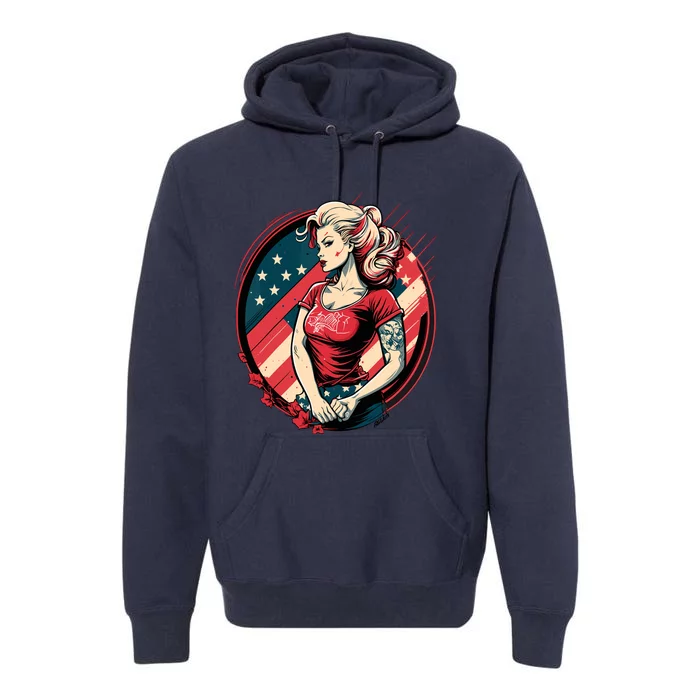 Vintage Tattoo Pinup Flag Rebellious Playful American Premium Hoodie