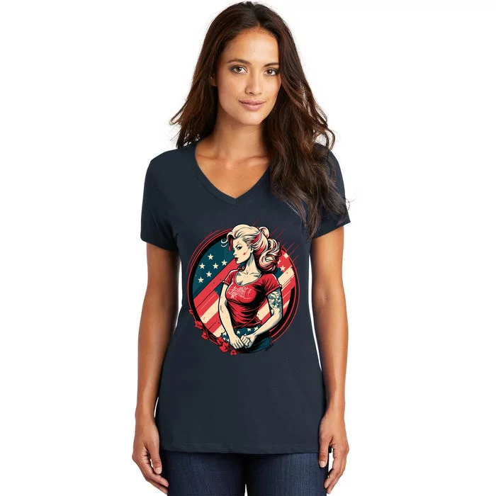 Vintage Tattoo Pinup Flag Rebellious Playful American Women's V-Neck T-Shirt