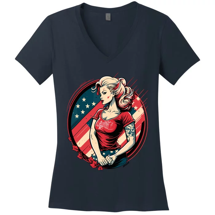 Vintage Tattoo Pinup Flag Rebellious Playful American Women's V-Neck T-Shirt