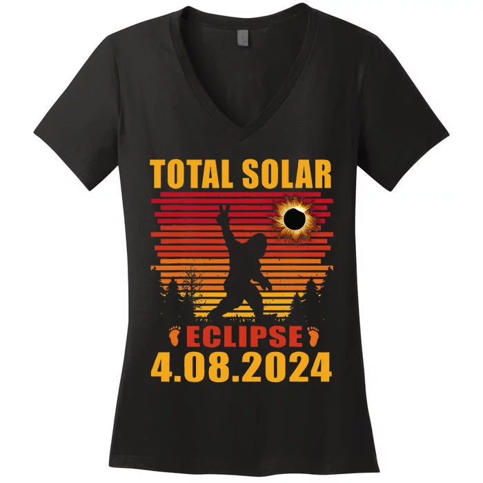 Vintage Total Solar Eclipse 04082024 Sasquatch Bigfoot Women's V-Neck T-Shirt