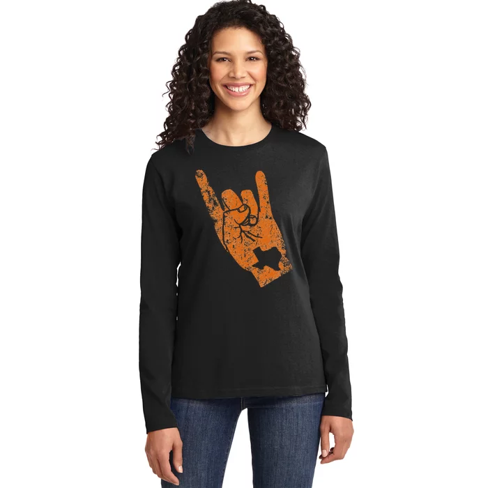 Vintage Texas State Silhouette Hook Em Hands Texan Pride Ladies Long Sleeve Shirt