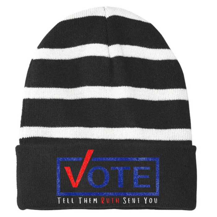 Vote Tell Them Ruth Sent You Feminist Distressed Striped Beanie with Solid Band