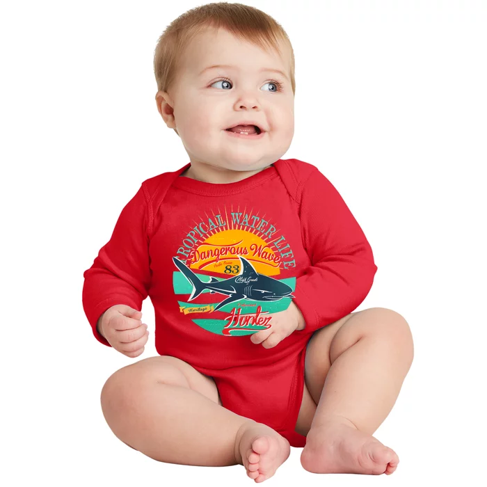 Vintage Tropical Water Life Dangerous Wave Hunter Shark Baby Long Sleeve Bodysuit