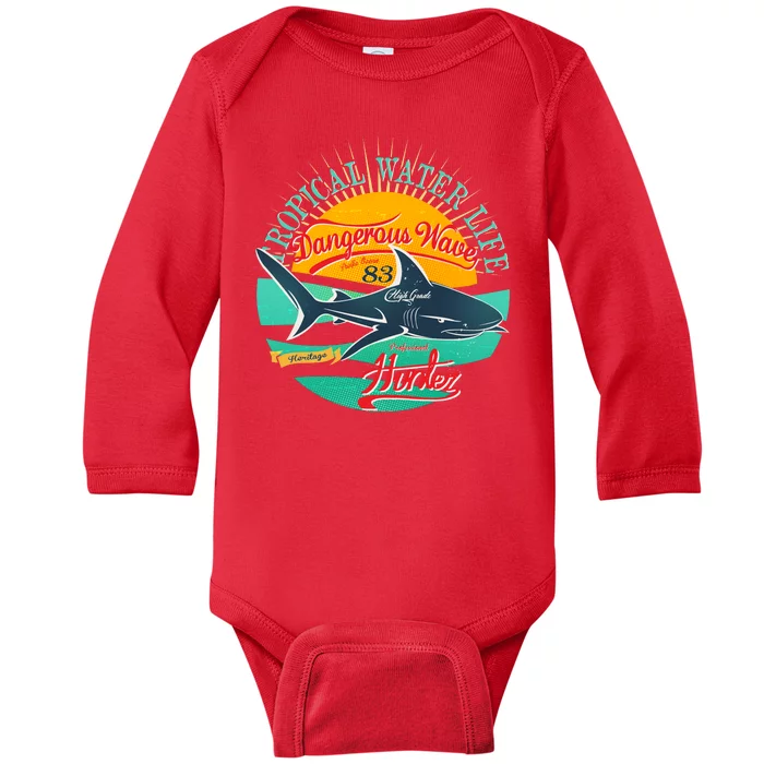 Vintage Tropical Water Life Dangerous Wave Hunter Shark Baby Long Sleeve Bodysuit