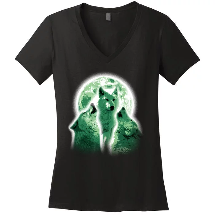 Vintage Three Wolves Moon Design Women's V-Neck T-Shirt