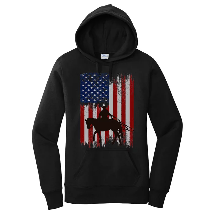 Vintage Usa American Flag Cowboy Rodeo Roping Horse Riding Women's Pullover Hoodie