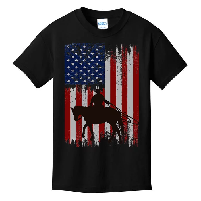 Vintage Usa American Flag Cowboy Rodeo Roping Horse Riding Kids T-Shirt