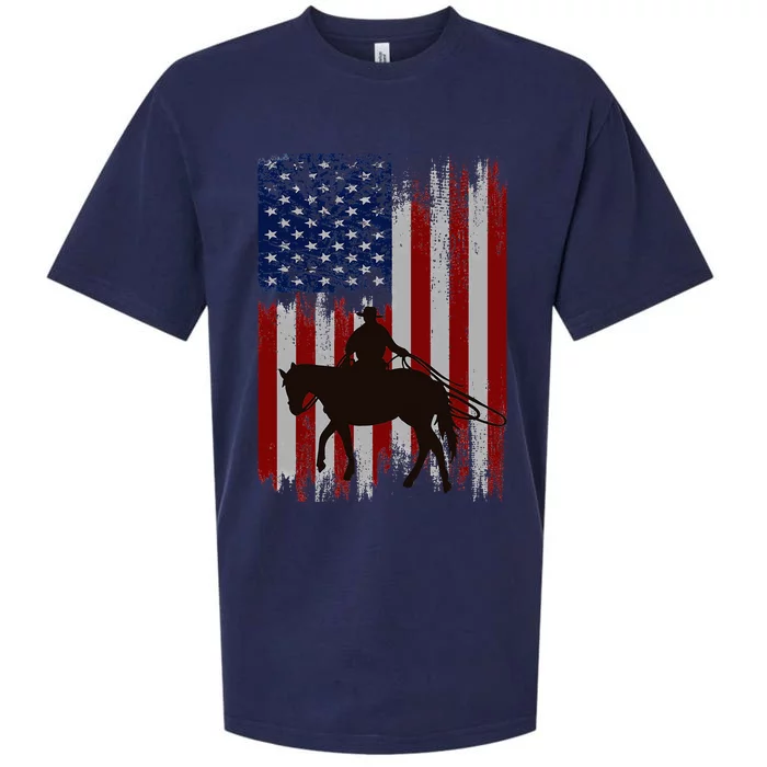 Vintage Usa American Flag Cowboy Rodeo Roping Horse Riding Sueded Cloud Jersey T-Shirt